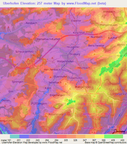 Uberhofen,Germany Elevation Map