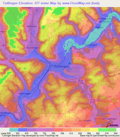 Tuttlingen,Germany Elevation Map