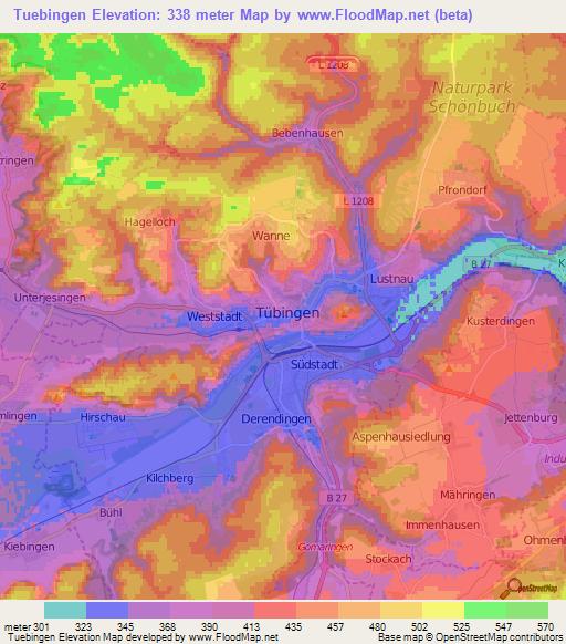 Tuebingen,Germany Elevation Map