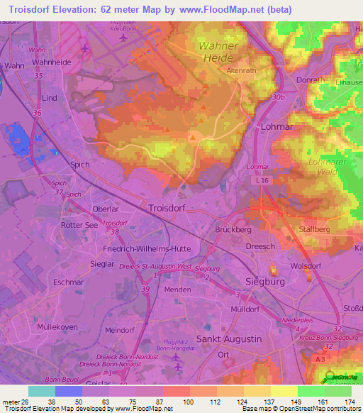 Troisdorf,Germany Elevation Map
