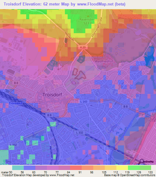 Troisdorf,Germany Elevation Map