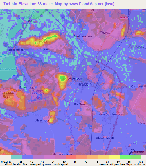 Trebbin,Germany Elevation Map