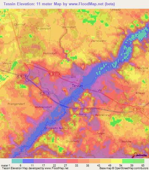 Tessin,Germany Elevation Map