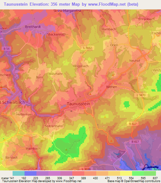 Taunusstein,Germany Elevation Map