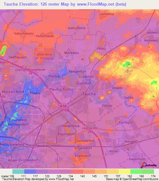 Taucha,Germany Elevation Map