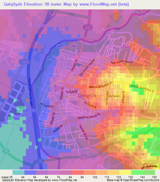 Qalqilyah,Palestinian Territory Elevation Map