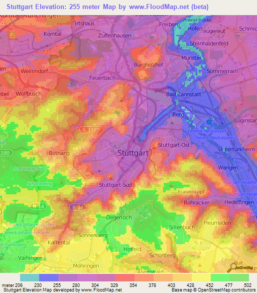 Stuttgart,Germany Elevation Map