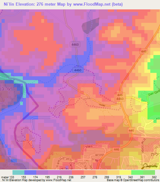 Ni`lin,Palestinian Territory Elevation Map