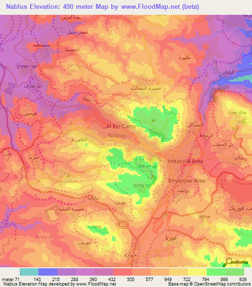 Nablus,Palestinian Territory Elevation Map