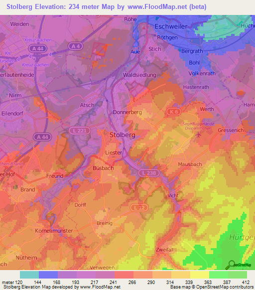 Stolberg,Germany Elevation Map