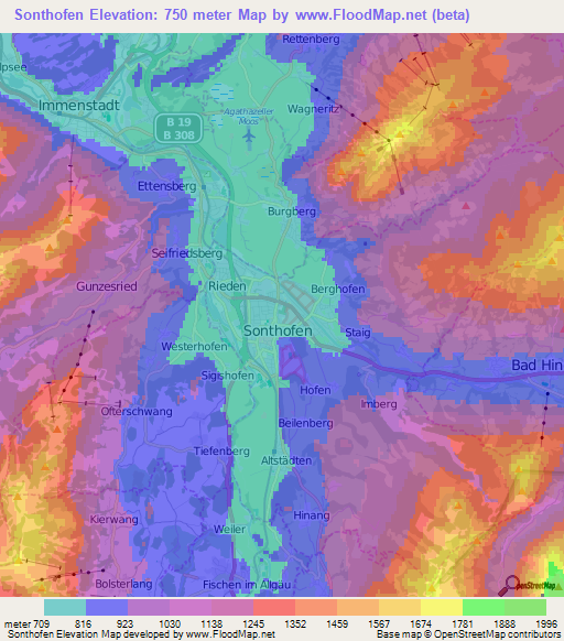 Sonthofen,Germany Elevation Map