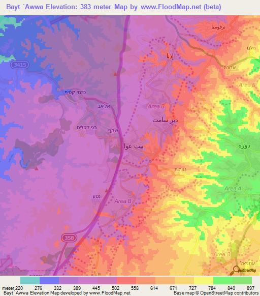 Bayt `Awwa,Palestinian Territory Elevation Map