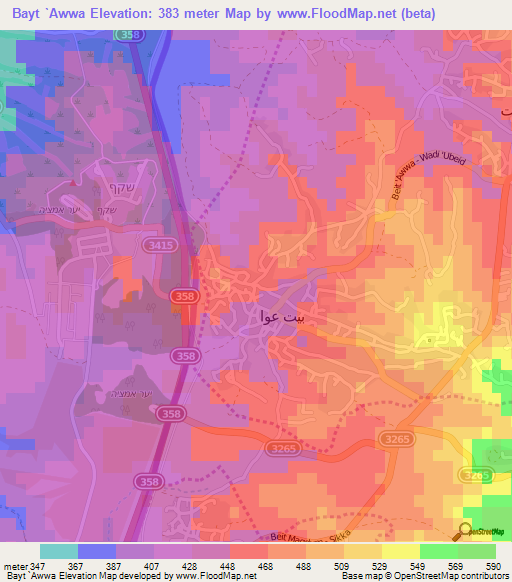 Bayt `Awwa,Palestinian Territory Elevation Map