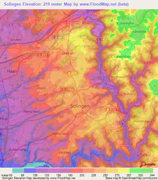 Solingen,Germany Elevation Map