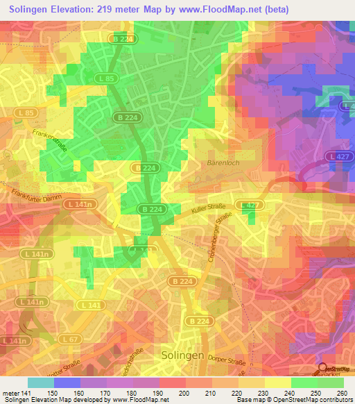 Solingen,Germany Elevation Map