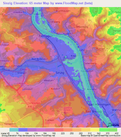 Sinzig,Germany Elevation Map