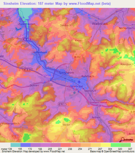 Sinsheim,Germany Elevation Map