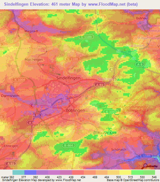 Sindelfingen,Germany Elevation Map