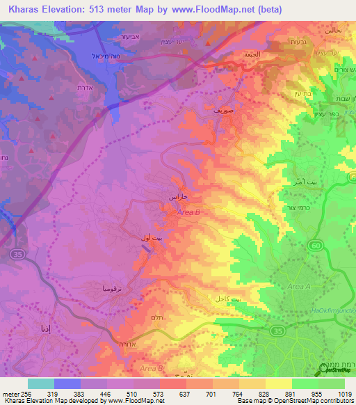 Kharas,Palestinian Territory Elevation Map