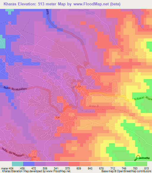 Kharas,Palestinian Territory Elevation Map