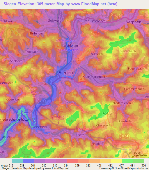 Siegen,Germany Elevation Map