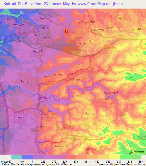 Kafr ad Dik,Palestinian Territory Elevation Map