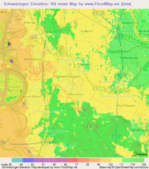 Schwetzingen,Germany Elevation Map