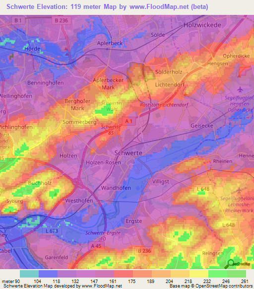 Schwerte,Germany Elevation Map