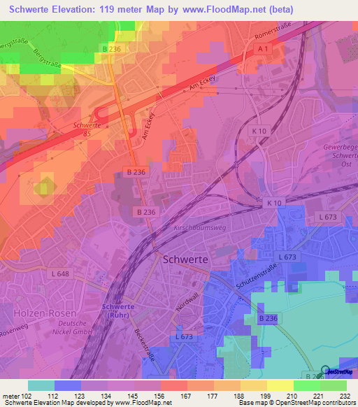 Schwerte,Germany Elevation Map