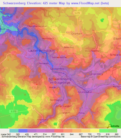 Schwarzenberg,Germany Elevation Map