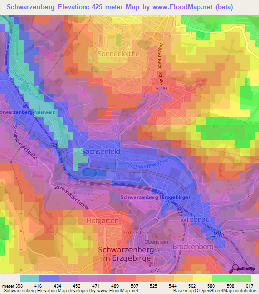 Schwarzenberg,Germany Elevation Map