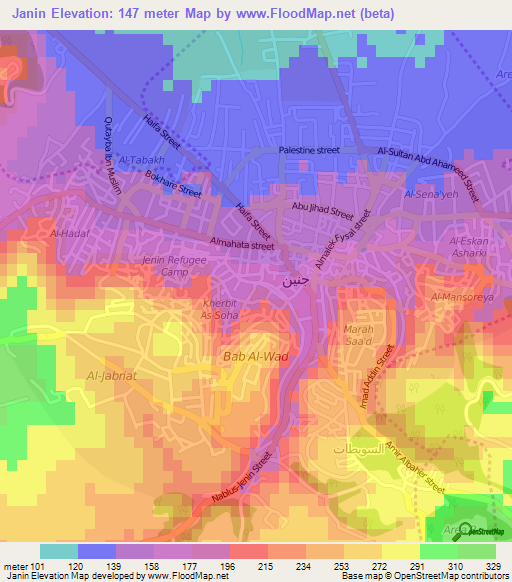 Janin,Palestinian Territory Elevation Map