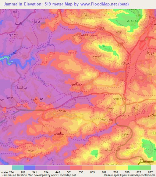 Jamma`in,Palestinian Territory Elevation Map