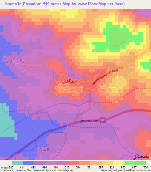 Jamma`in,Palestinian Territory Elevation Map