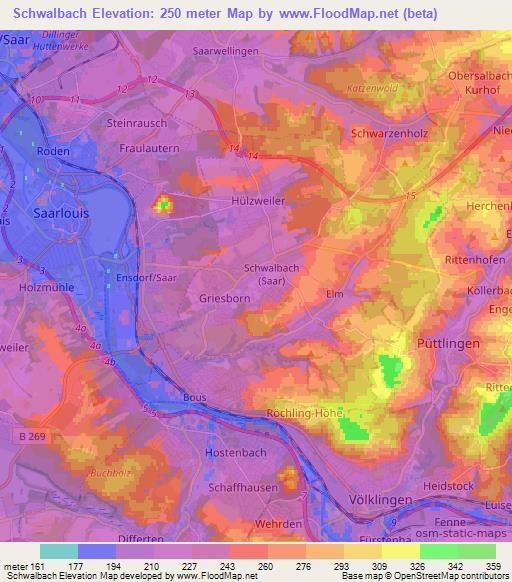 Schwalbach,Germany Elevation Map