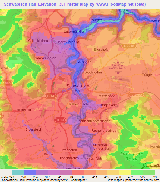 Schwabisch Hall,Germany Elevation Map