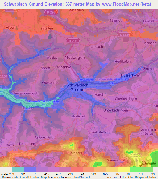 Schwabisch Gmund,Germany Elevation Map