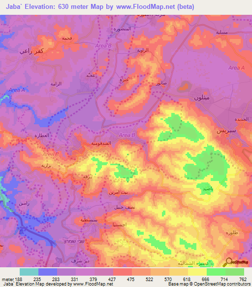 Jaba`,Palestinian Territory Elevation Map