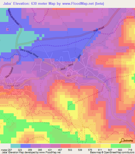 Jaba`,Palestinian Territory Elevation Map