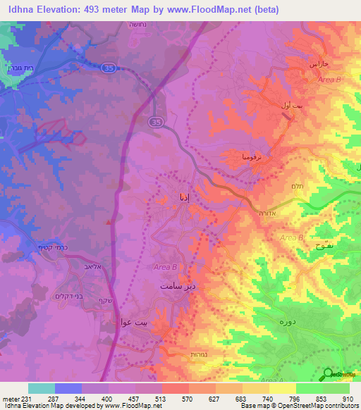 Idhna,Palestinian Territory Elevation Map