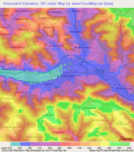 Schorndorf,Germany Elevation Map