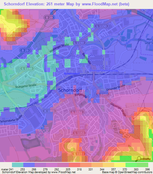 Schorndorf,Germany Elevation Map