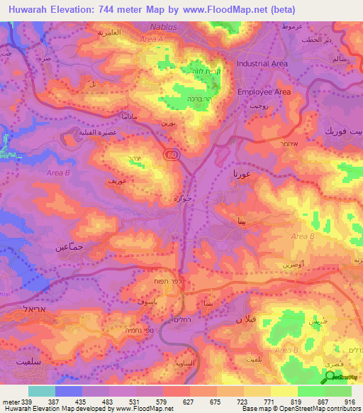 Huwarah,Palestinian Territory Elevation Map