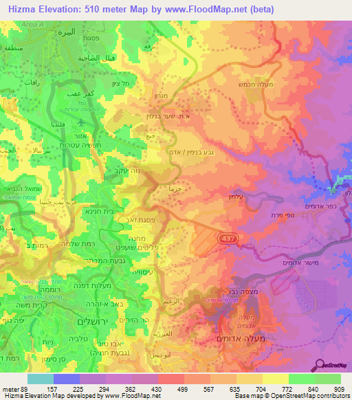 Hizma,Palestinian Territory Elevation Map