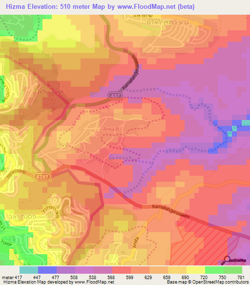 Hizma,Palestinian Territory Elevation Map