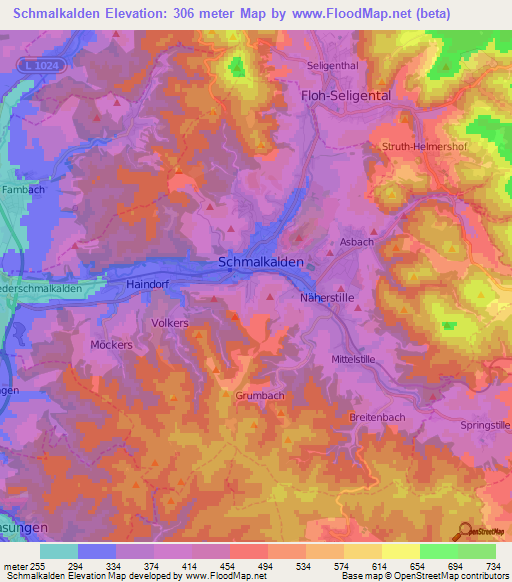 Schmalkalden,Germany Elevation Map