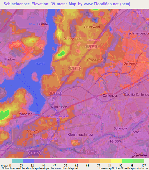 Schlachtensee,Germany Elevation Map