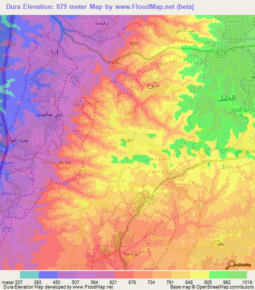 Dura,Palestinian Territory Elevation Map