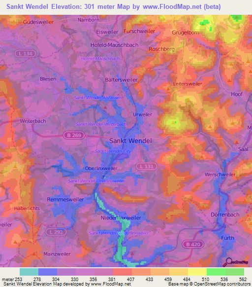 Sankt Wendel,Germany Elevation Map