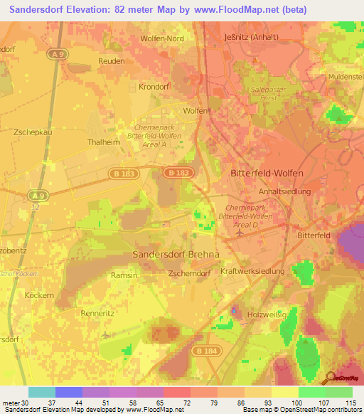 Sandersdorf,Germany Elevation Map